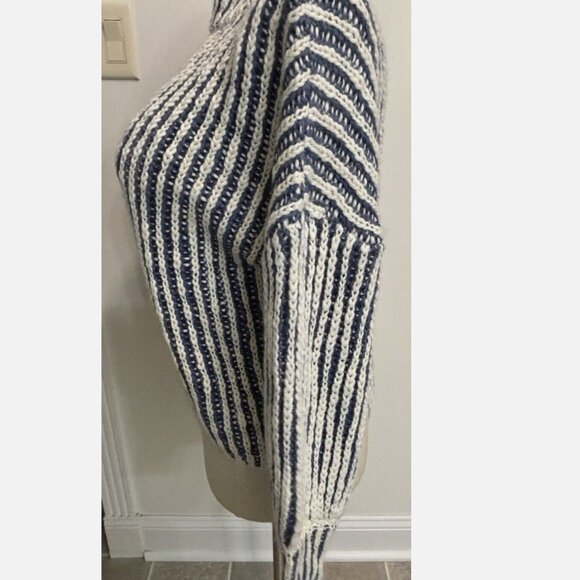 WOMEN'S ANTHROPOLOGIE POL BLUE STRIPED WOOL BLEND MOCK NECK SWEATER SMALL NWT - Picture 2 of 12